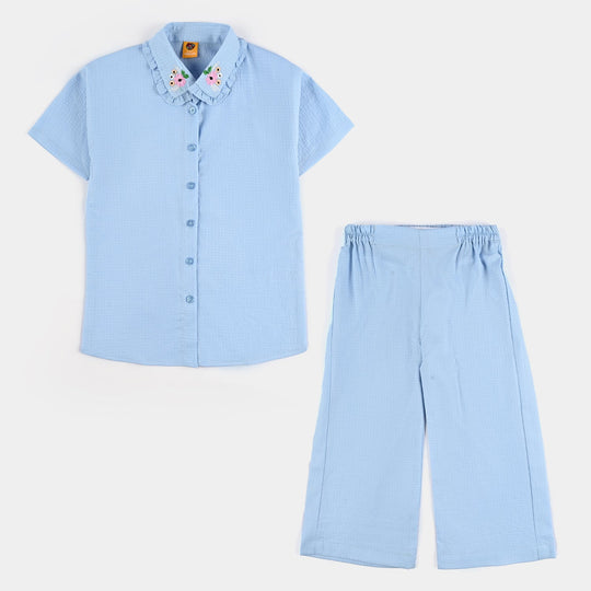 Girls Poly Crinkle Emb Co-Ord Set Frill Collor - Blue