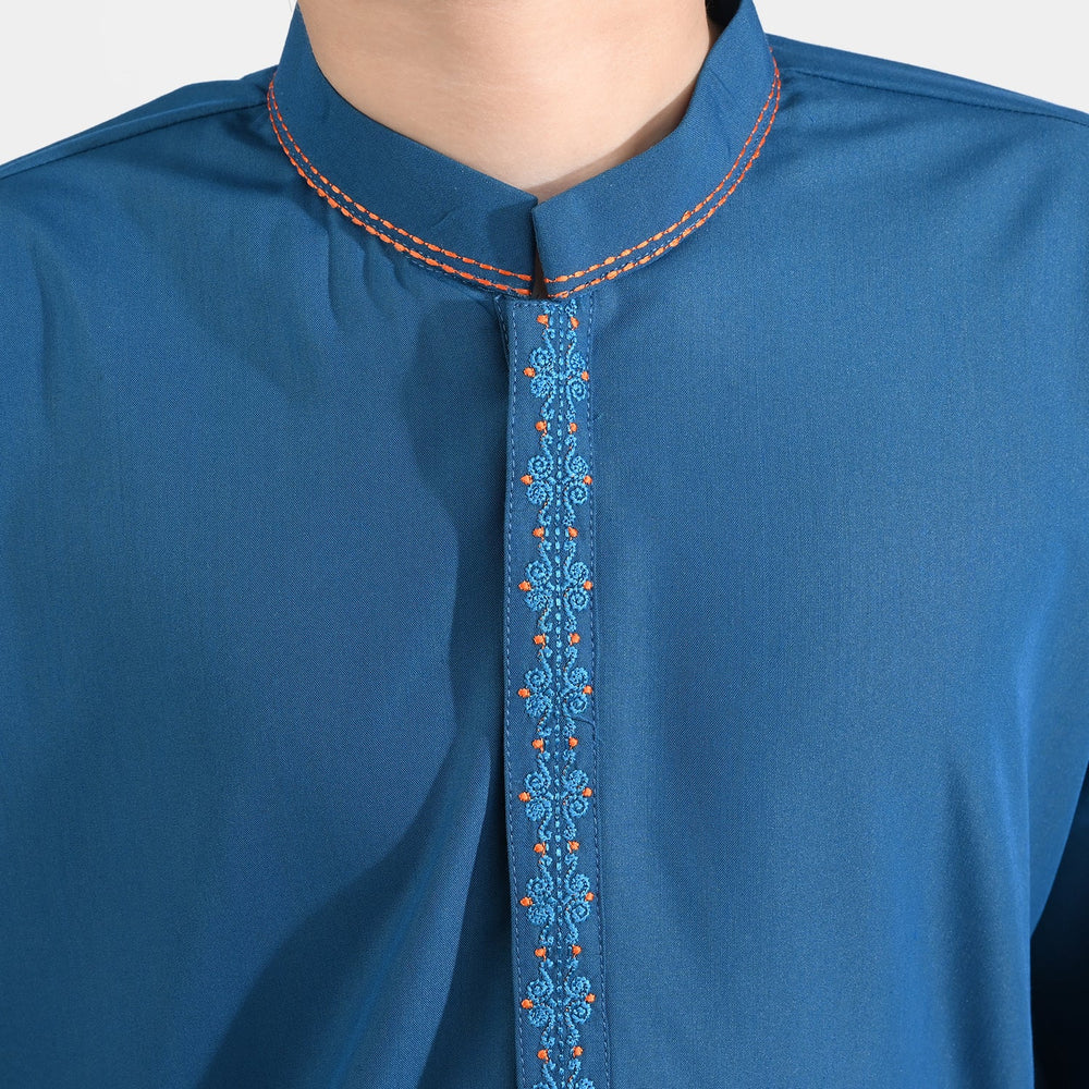 Boys Poly Viscose Embroidered Kurta (Funky)-T.Blue