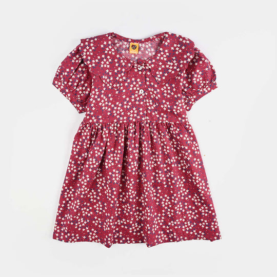 Girls Cotton Poplin Casual Frock Red Floral-Multi