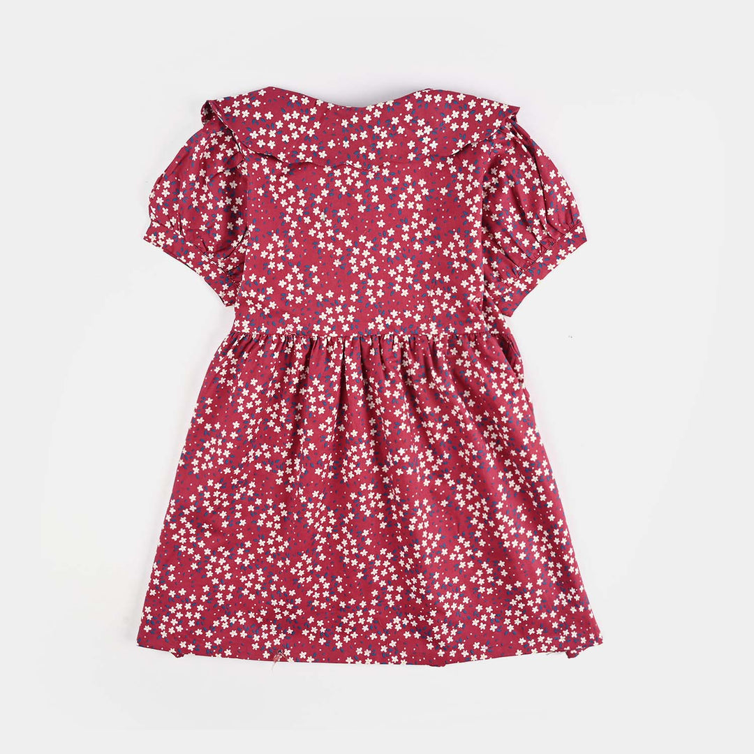 Girls Cotton Poplin Casual Frock Red Floral-Multi