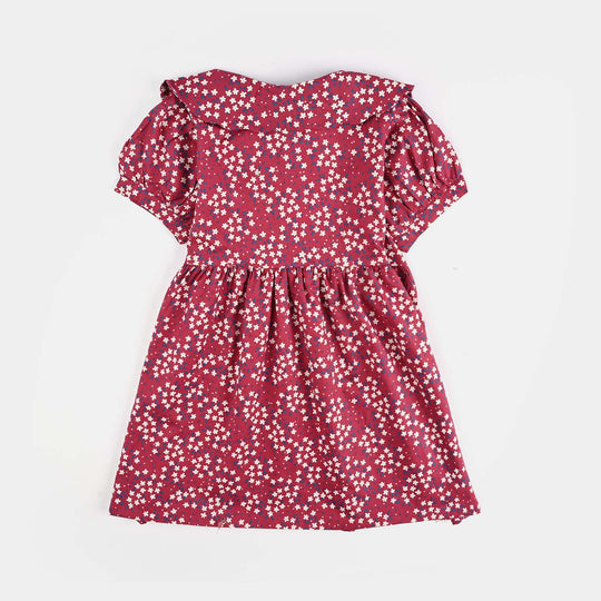 Girls Cotton Poplin Casual Frock Red Floral-Multi