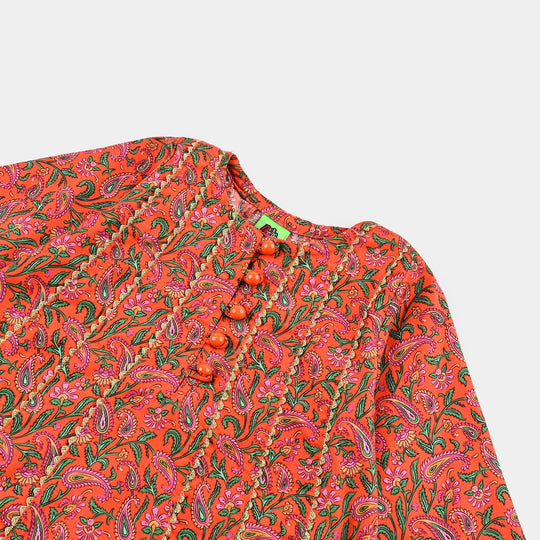 Infant Girls Cotton Poplin Printed Kurti Paisley-ORANGE