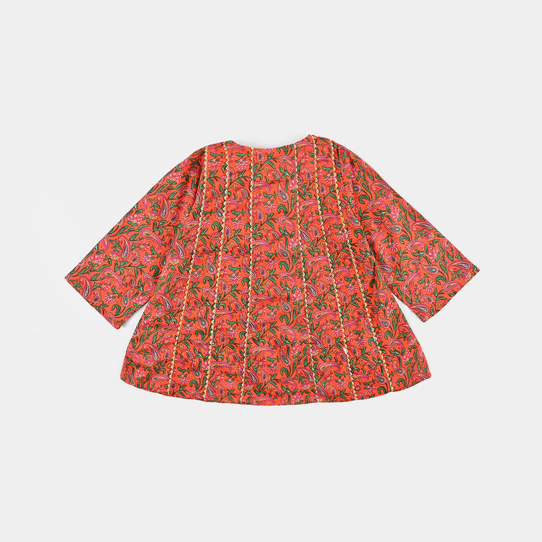 Infant Girls Cotton Poplin Printed Kurti Paisley-ORANGE