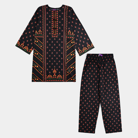 Girls Cotton Poplin Printed 2Pcs Abstract-BLACK