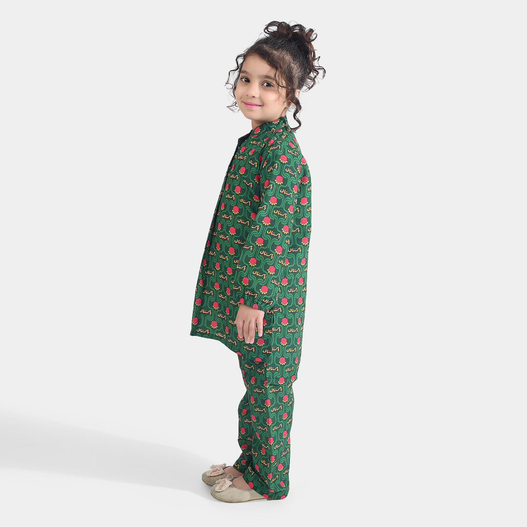 Girls Poly Net Printed 2Pcs Truck Flower Ind-GREEN
