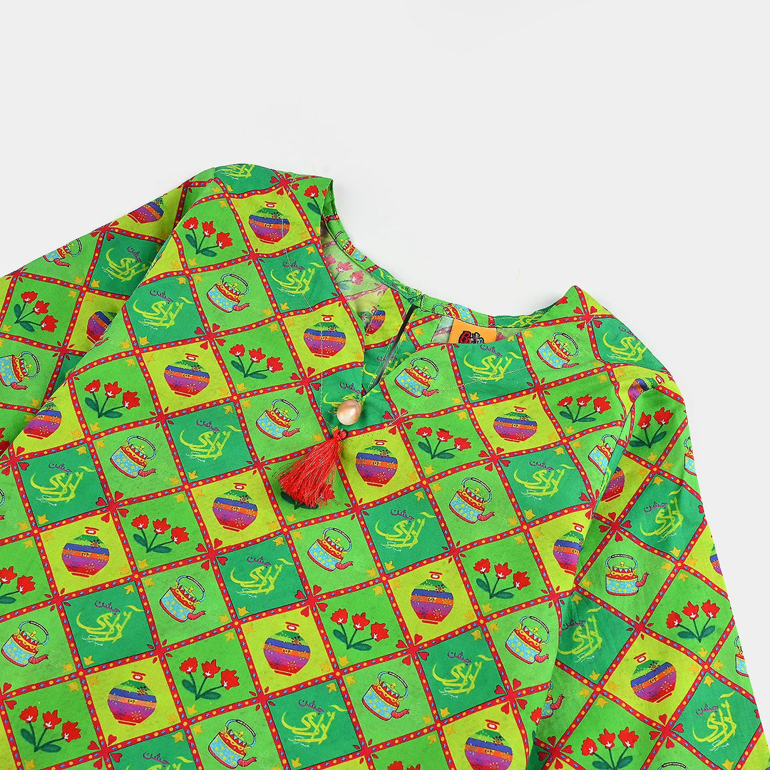 Girls Cotton Printed Kurti Kettle And Flowers Ind-Multi