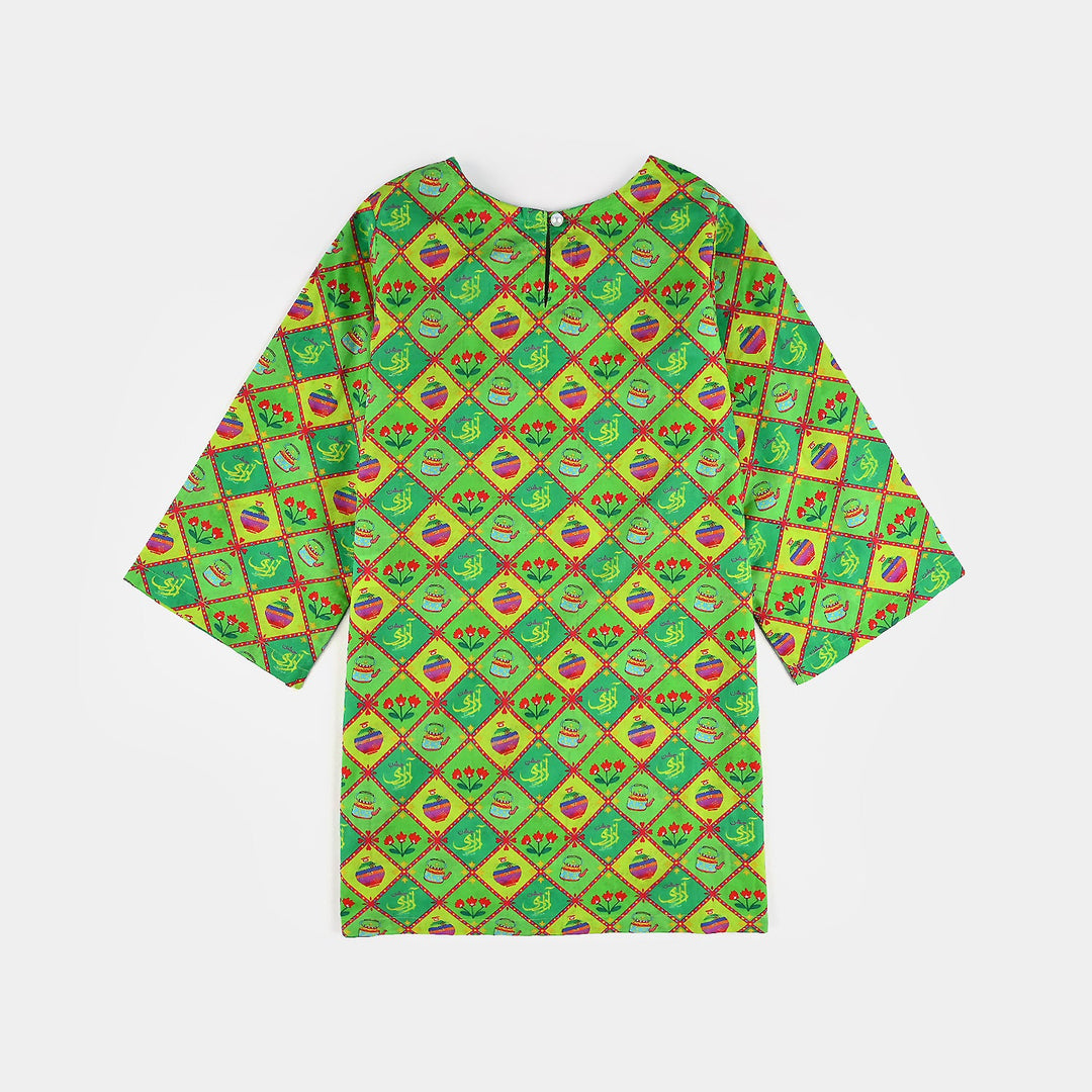 Girls Cotton Printed Kurti Kettle And Flowers Ind-Multi