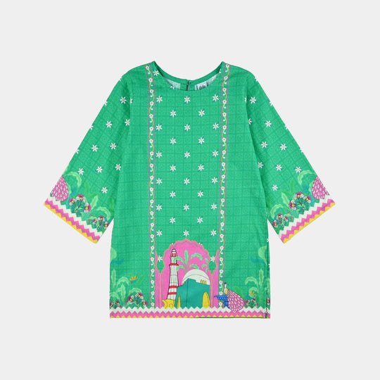Girls Cotton Printed Kurti Peacock Ind-GREEN