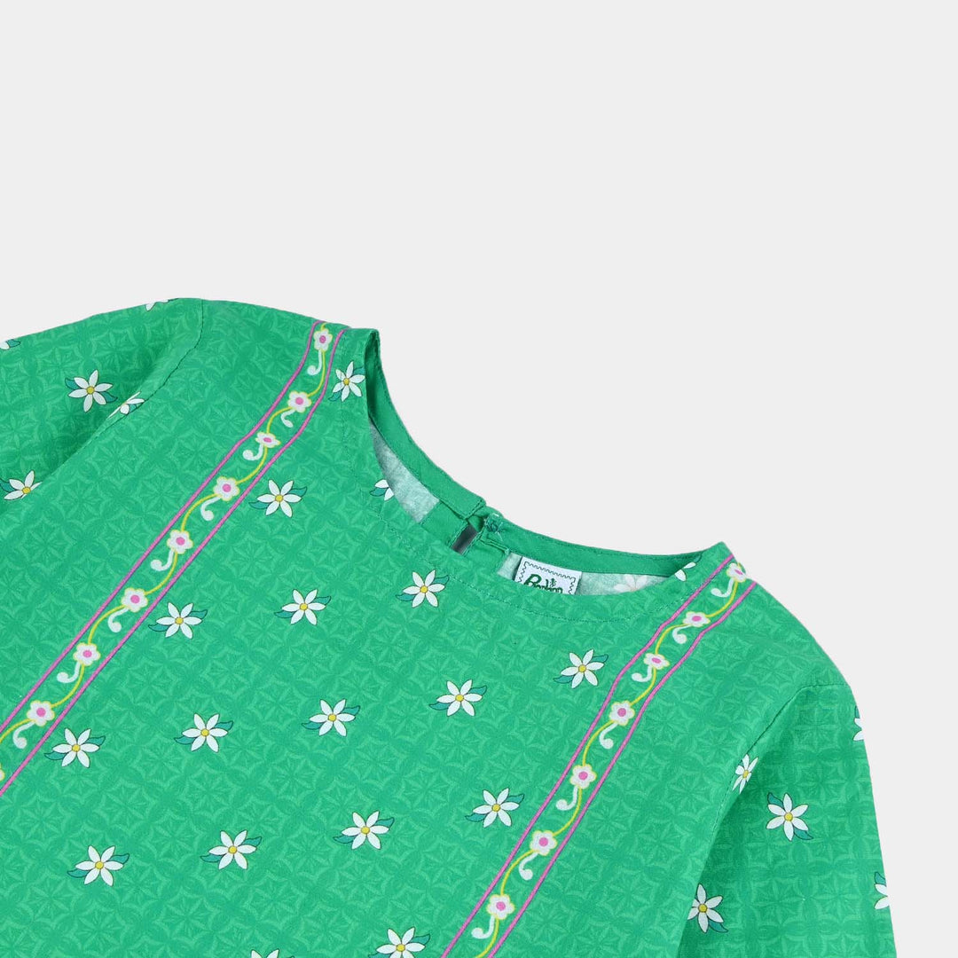 Girls Cotton Printed Kurti Peacock Ind-GREEN