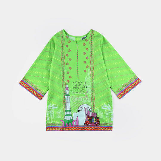 Girls Cotton Printed Kurti Qaumi Tarana Ind-L.Green