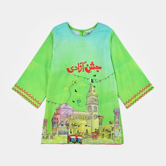 Girls Cotton Printed Kurti Rang -E-Azadi Ind-GREEN