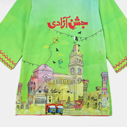 Girls Cotton Printed Kurti Rang -E-Azadi Ind-GREEN