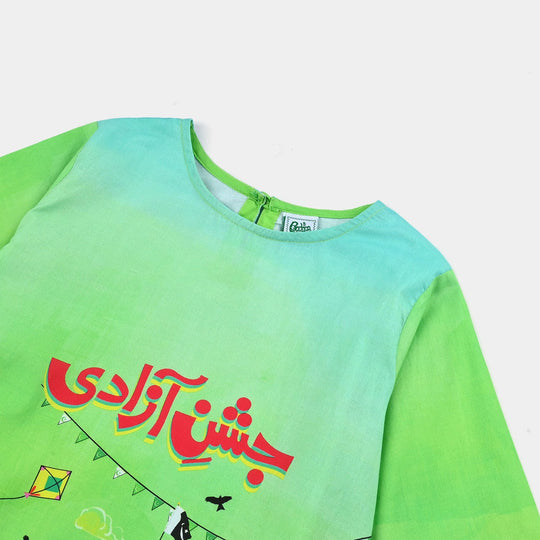 Girls Cotton Printed Kurti Rang -E-Azadi Ind-GREEN
