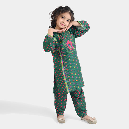 Girls Poly Net Printed 2Pcs Suit Truck Art Ind-GREEN