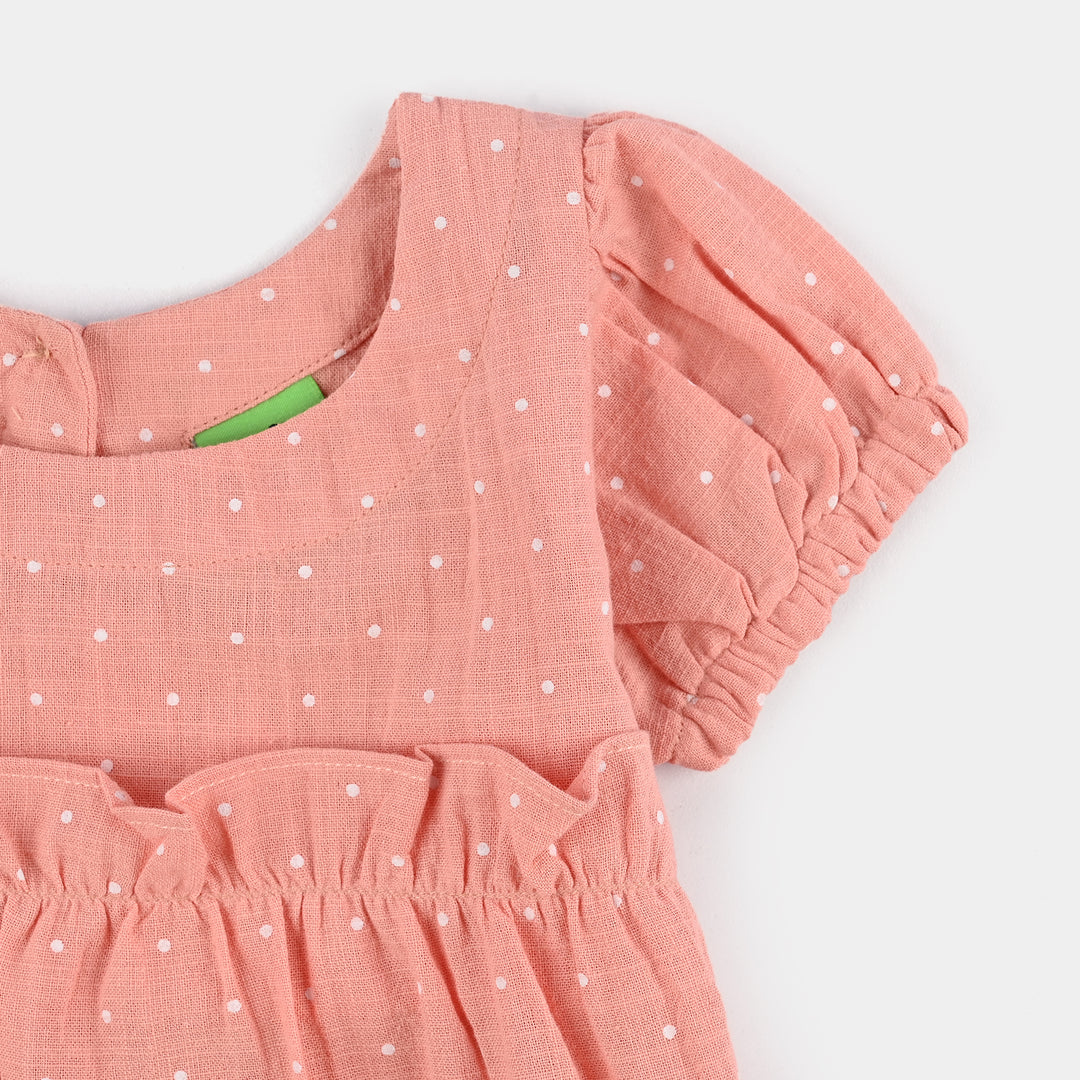 Infant Girls Cotton Casual Frock Polka Dot-Peach