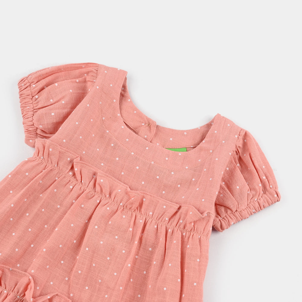 Infant Girls Cotton Casual Frock Polka Dot-Peach