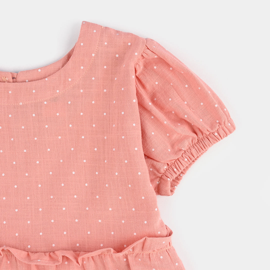 Girls Cotton Casual Frock Polka Dot-Peach