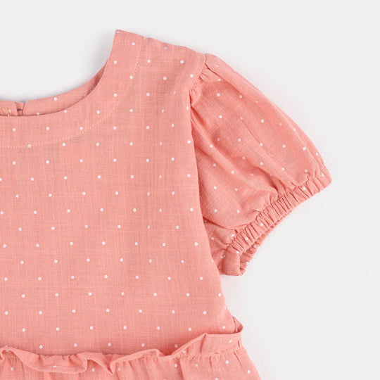 Girls Cotton Casual Frock Polka Dot-Peach