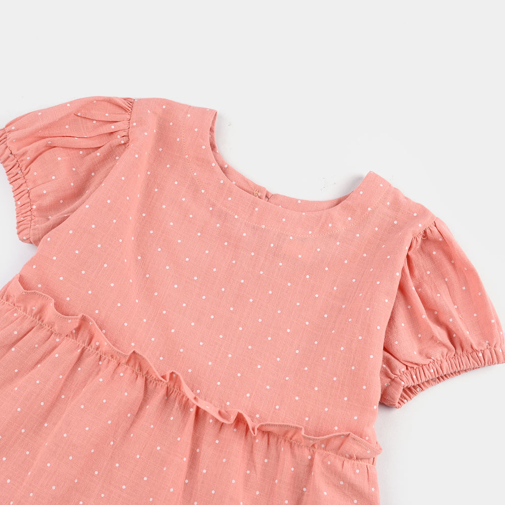 Girls Cotton Casual Frock Polka Dot-Peach