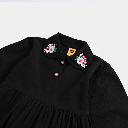 Infant Girls Poly Crinkle Emb Frock-BLACK