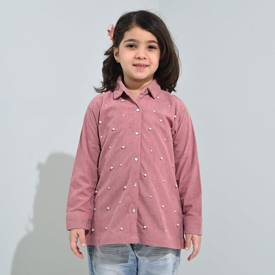 Girls Corduroy Emb Top Pearls and Diamonds-MAROON