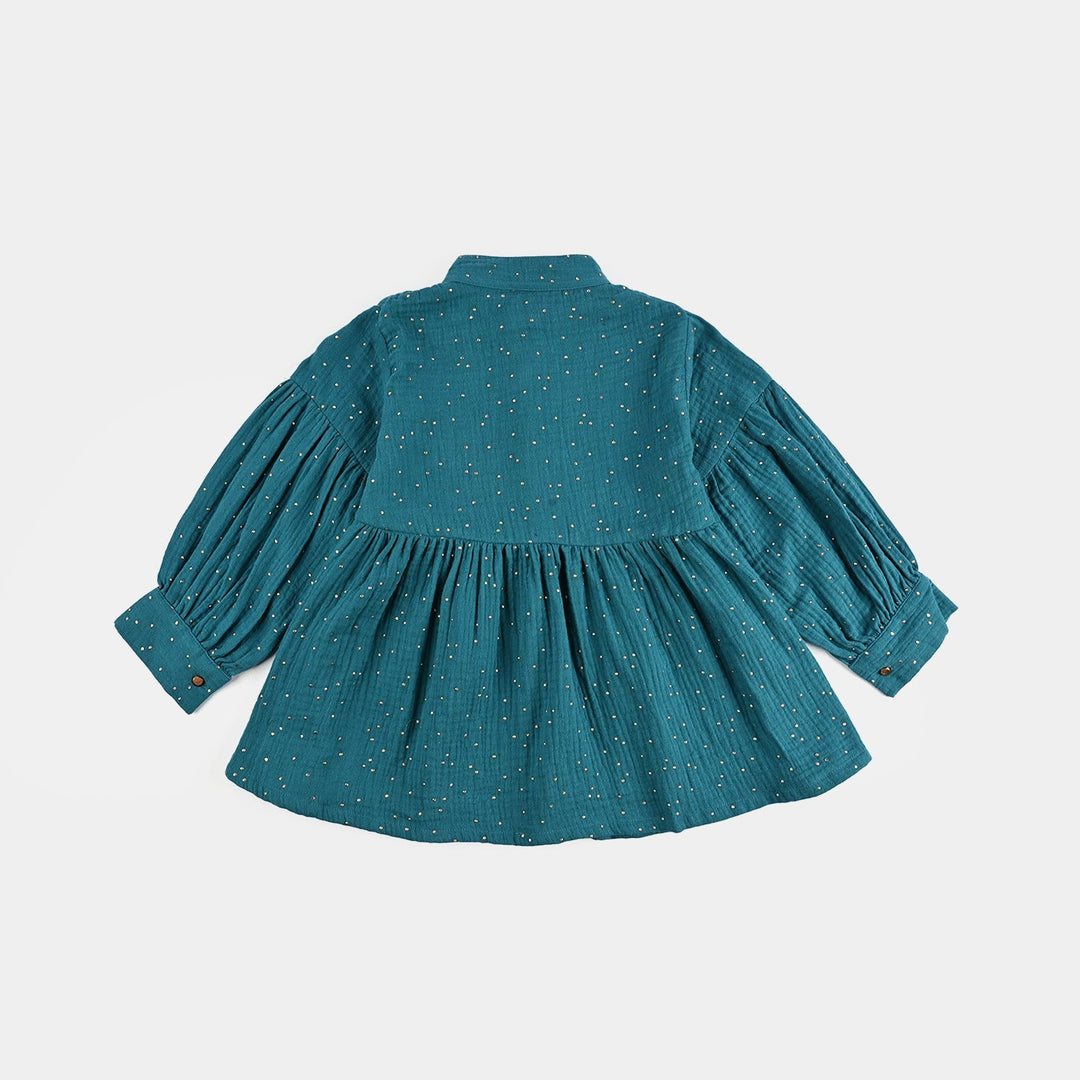 Girls Poly Crinkle Casual Top-Sea Green