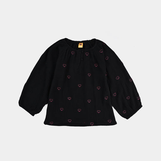 Gilrs Emb Top Pink Hearts - BLACK Poly Crinkle