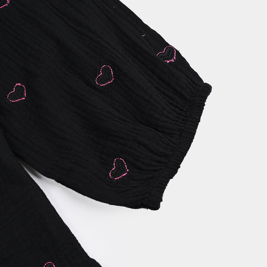 Gilrs Emb Top Pink Hearts - BLACK Poly Crinkle