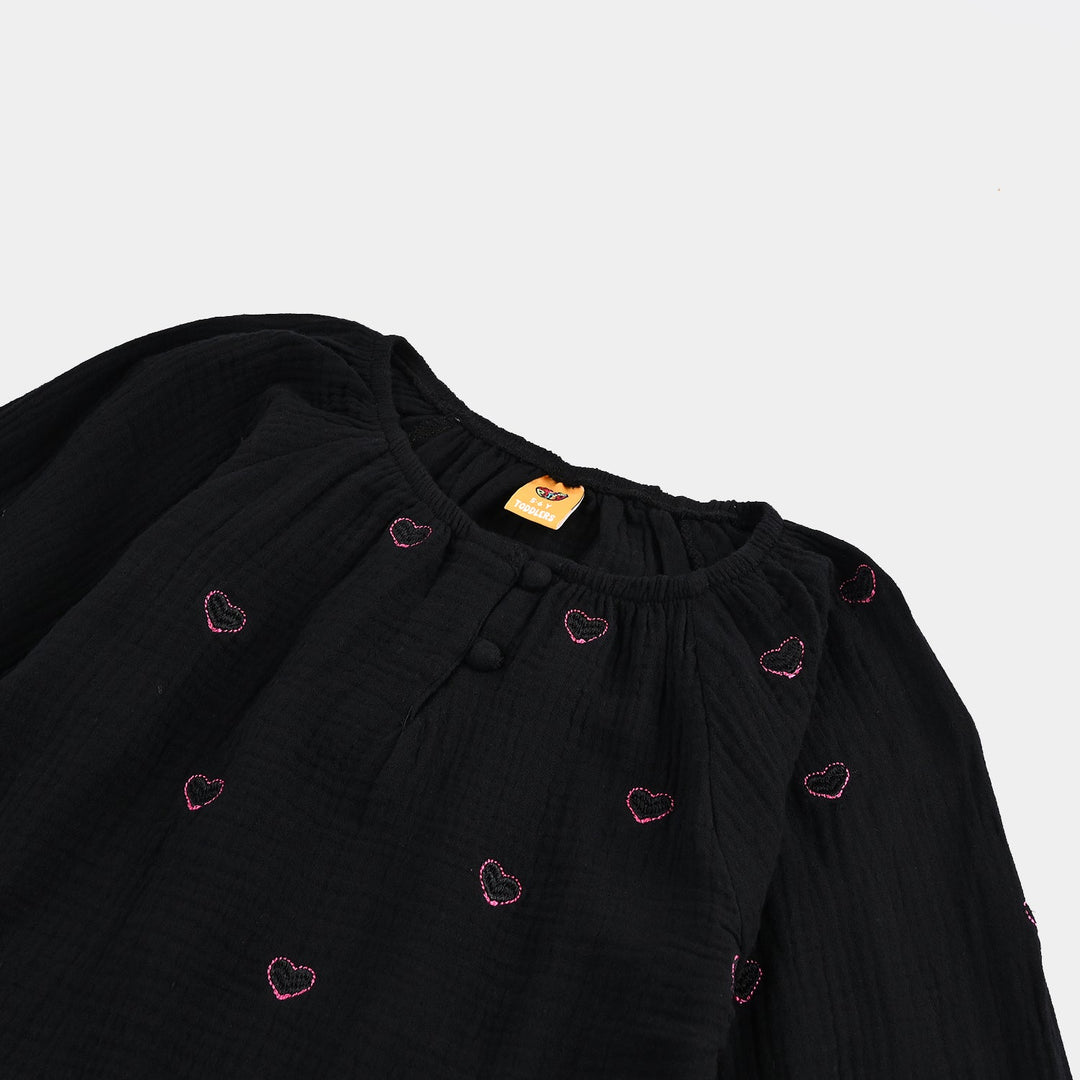 Gilrs Emb Top Pink Hearts - BLACK Poly Crinkle