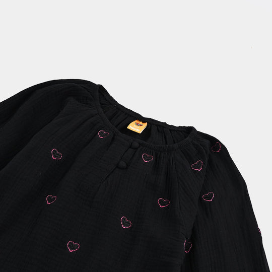 Gilrs Emb Top Pink Hearts - BLACK Poly Crinkle