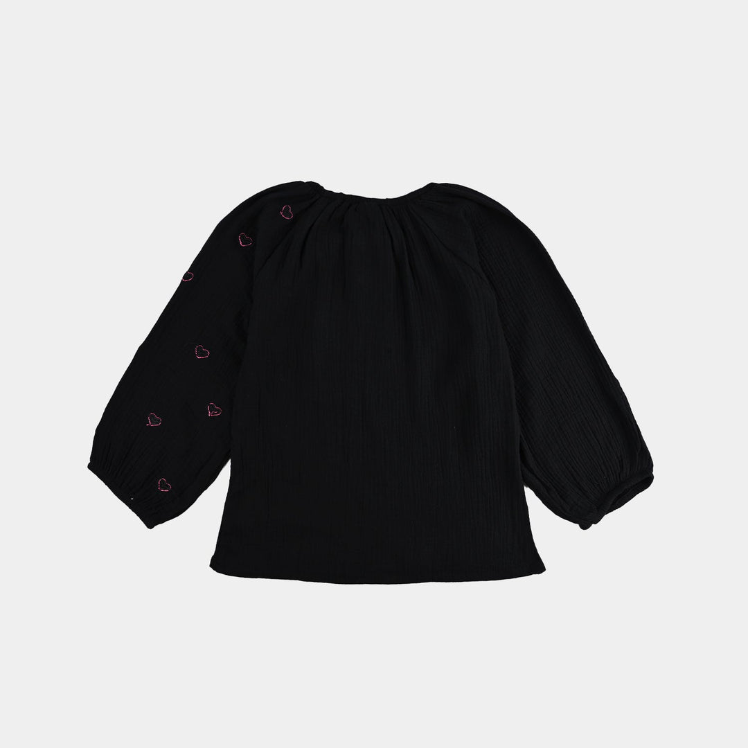 Gilrs Emb Top Pink Hearts - BLACK Poly Crinkle
