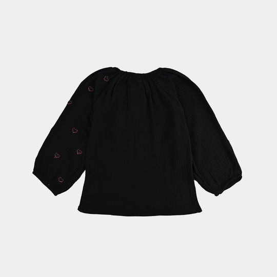 Gilrs Emb Top Pink Hearts - BLACK Poly Crinkle