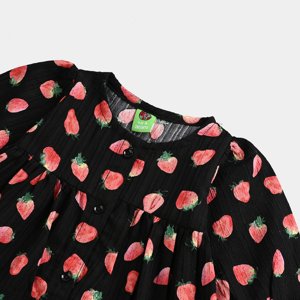 Infant Girls Poly Crinkle Casual Frock Strawberry-BLACK