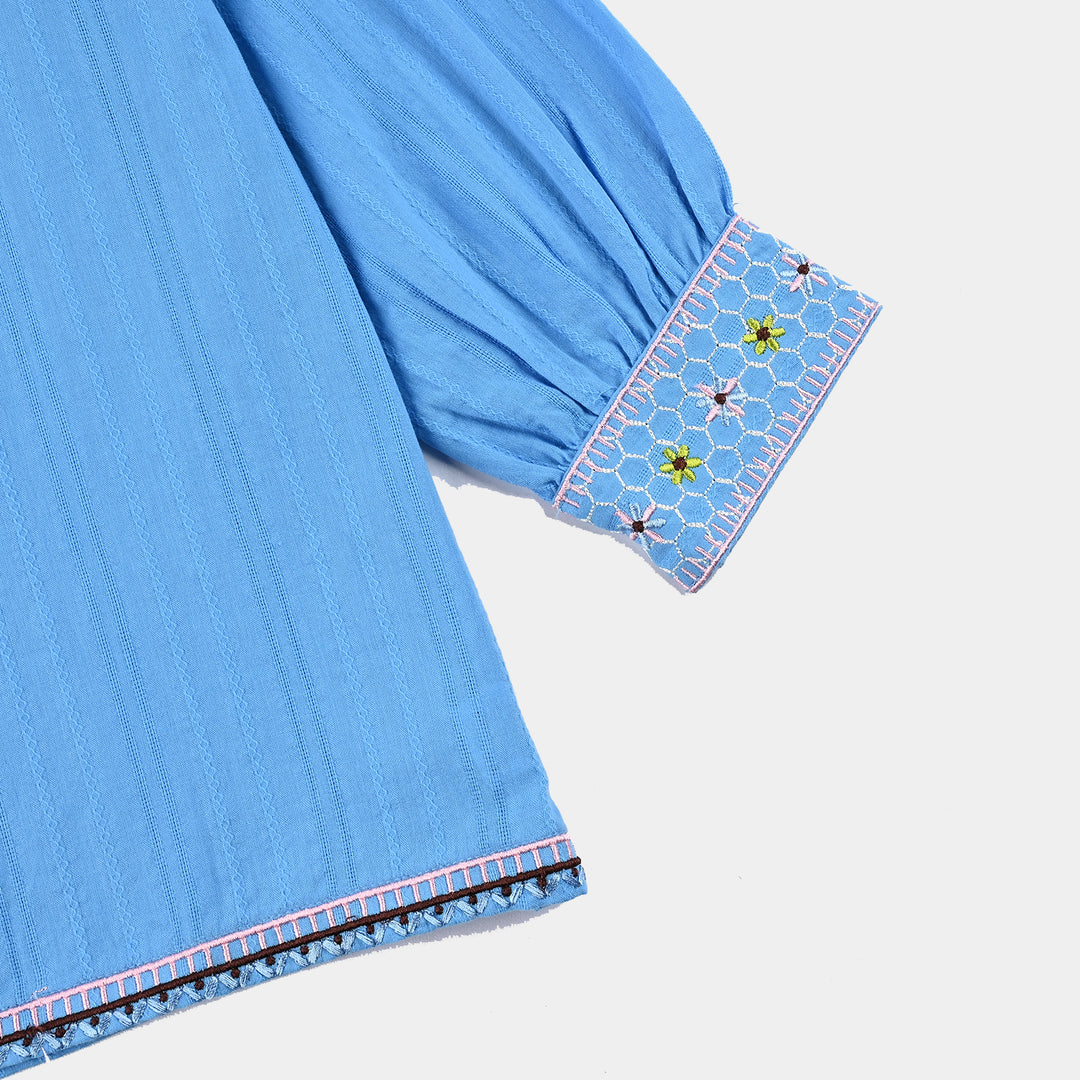 Girls Cotton Emb Top Fantasy-LT.Blue