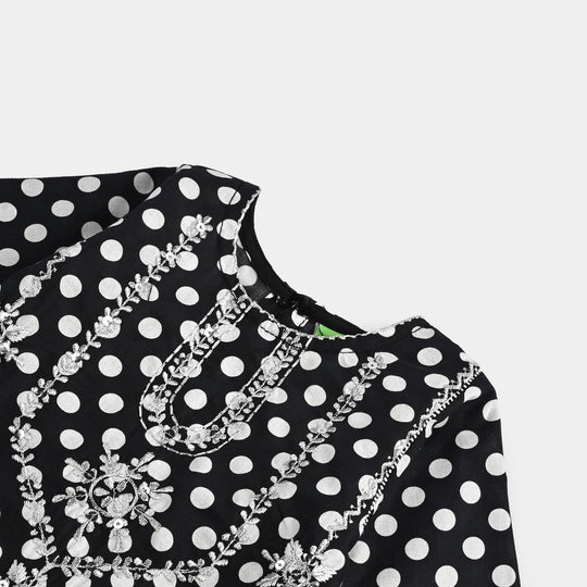 Infant Girls Cotton Poplin Printed & Emb 2 Pcs Polka Dote - BLACK