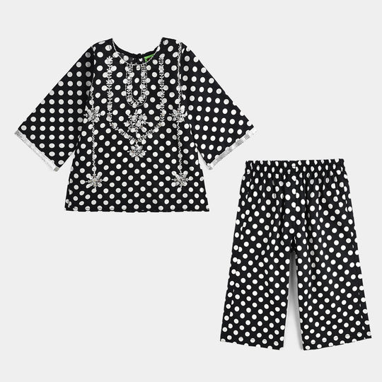 Infant Girls Cotton Poplin Printed & Emb 2 Pcs Polka Dote - BLACK