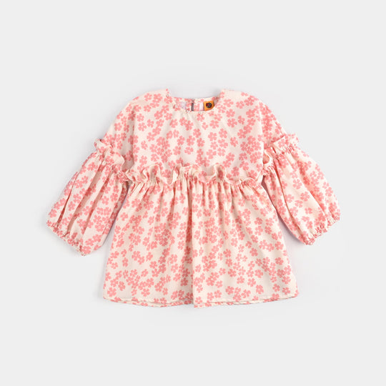 Girls Poly Crinkle Casual Frock Pink Flowers-White