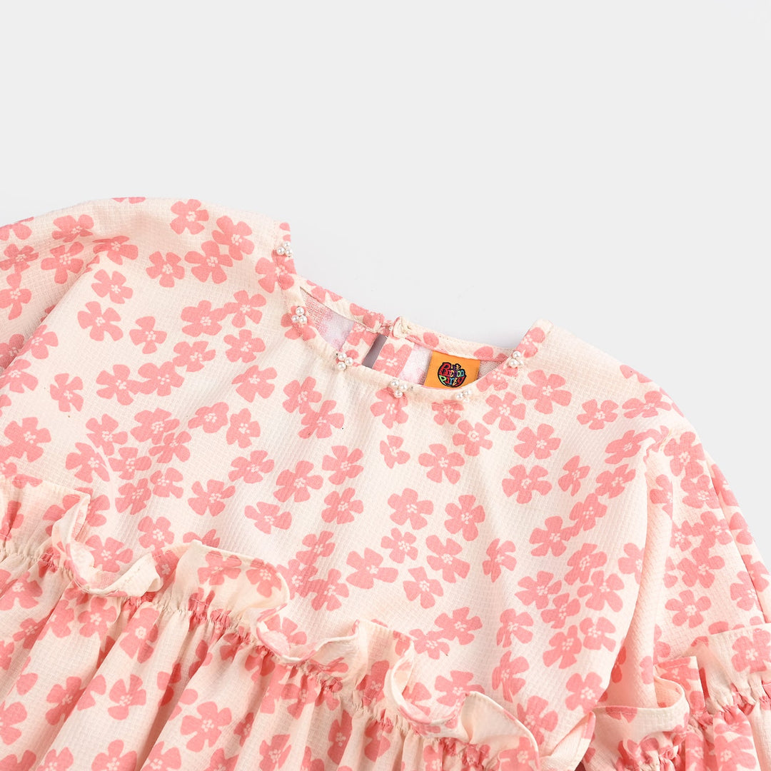 Girls Poly Crinkle Casual Frock Pink Flowers-White