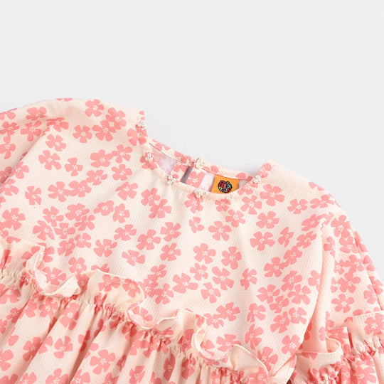 Girls Poly Crinkle Casual Frock Pink Flowers-White