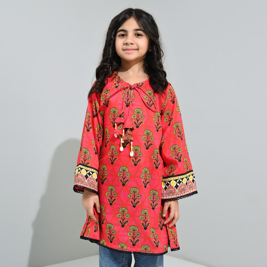 Girls poly cambric Printed Kurti Laali-Red