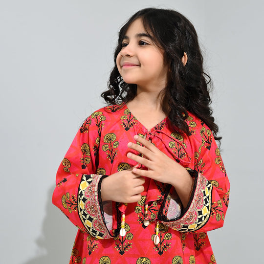 Girls poly cambric Printed Kurti Laali-Red