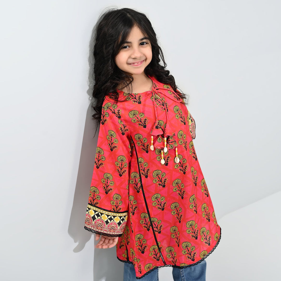 Girls poly cambric Printed Kurti Laali-Red