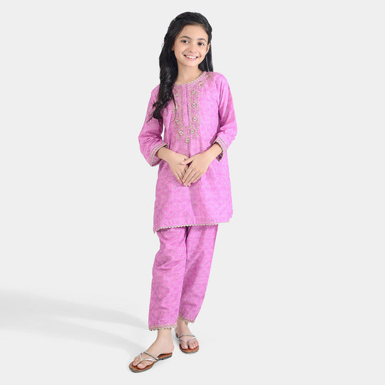 Girls Cotton Poplin Emb & Printed 2Pcs Chunri - Purple