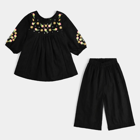 Infant Girls Cotton Emb 2Pcs Splash-BLACK