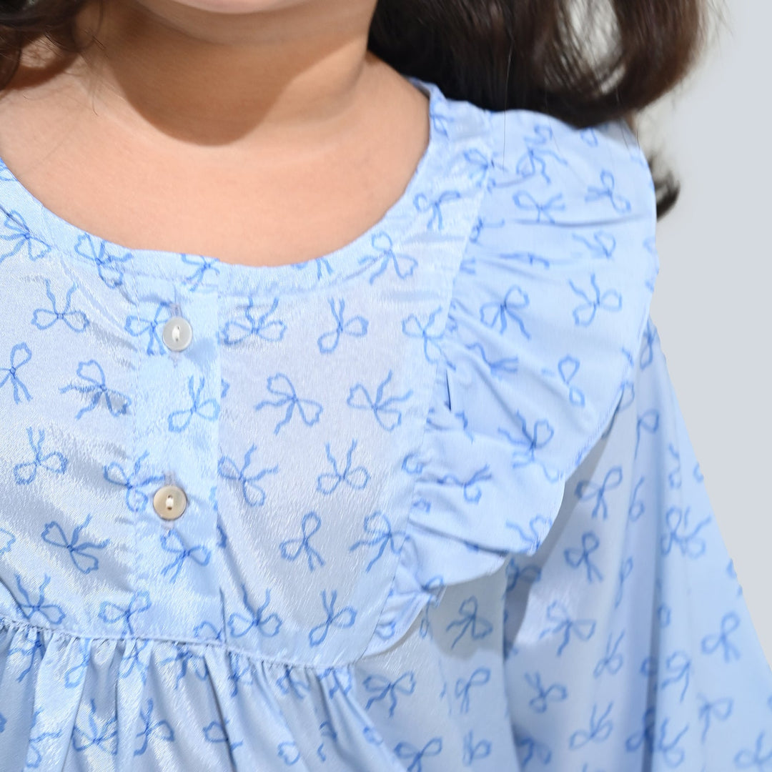 Girls Poly Viscose Casual Top Blue Bow-BLUE