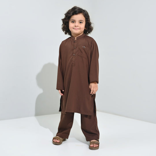 Boys Poly Viscose Kurta Pajama (Front PKT)-BROWN