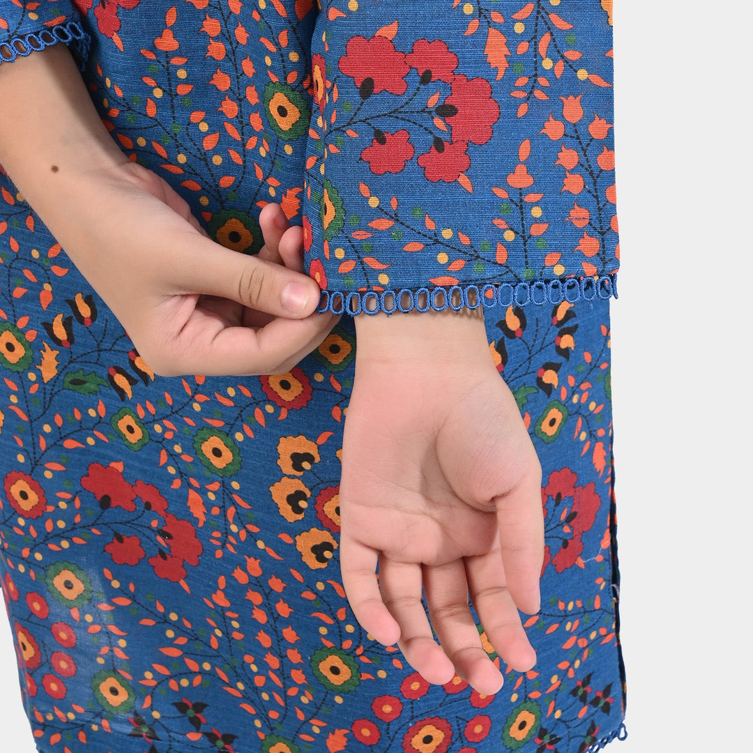 Girls Cotton Slub Printed 2 PCs Suit Phulkari - Navy Blue