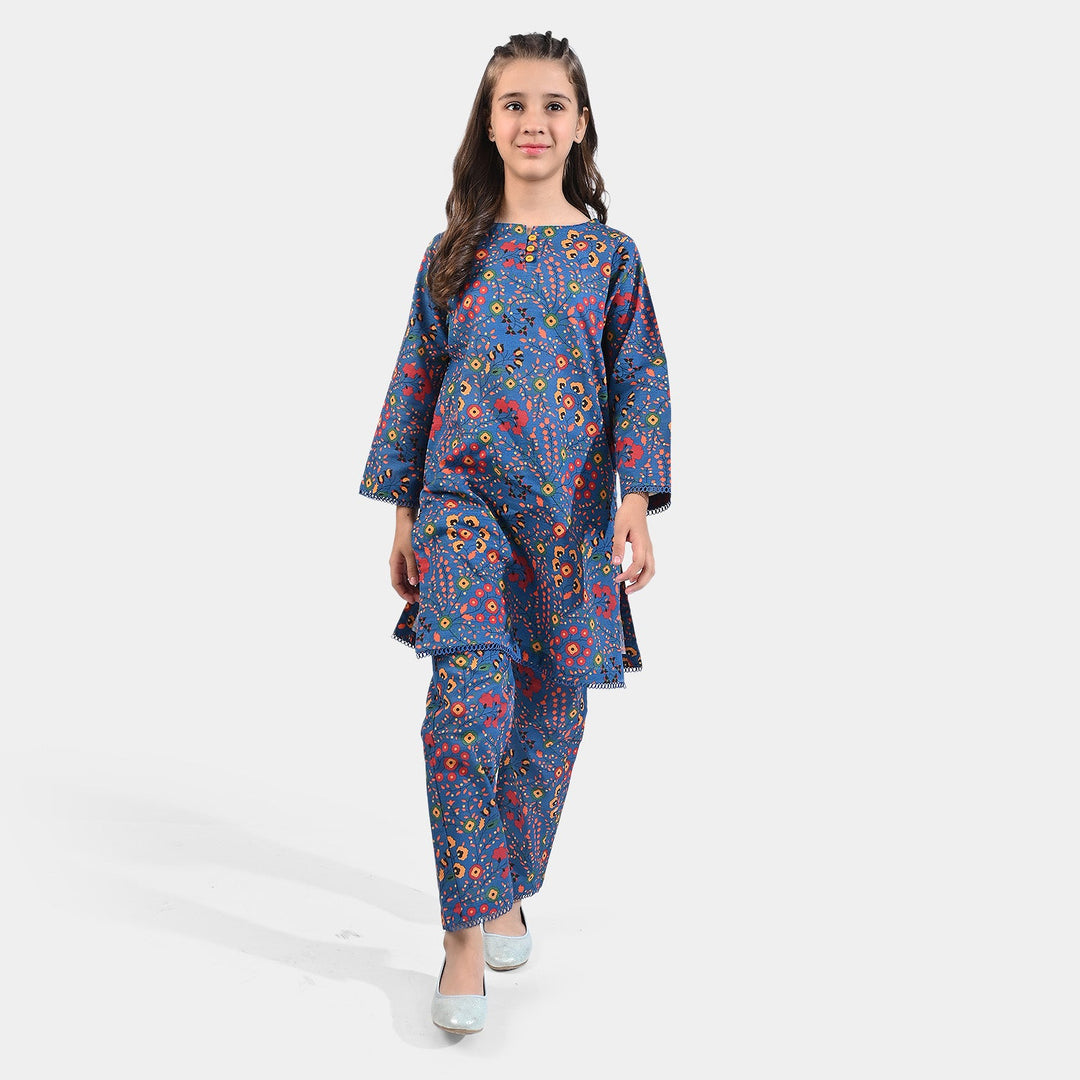 Girls Cotton Slub Printed 2 PCs Suit Phulkari - Navy Blue
