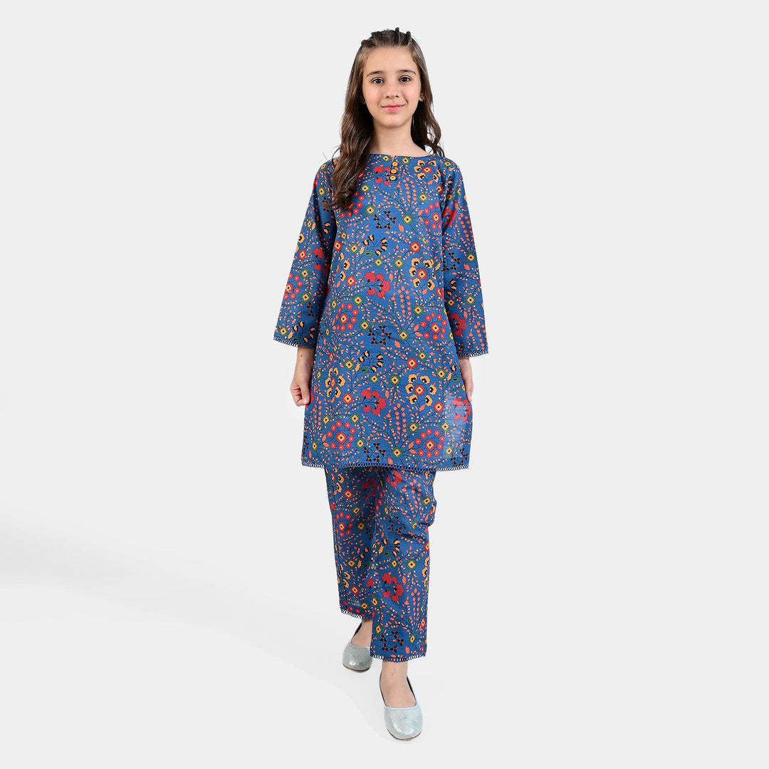 Girls Cotton Slub Printed 2 PCs Suit Phulkari - Navy Blue