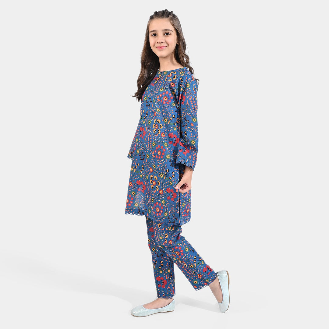 Girls Cotton Slub Printed 2 PCs Suit Phulkari - Navy Blue